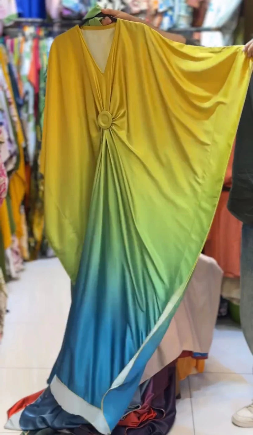 CH 537 V Neck Double Tone Style Silk Kaftaan Dress