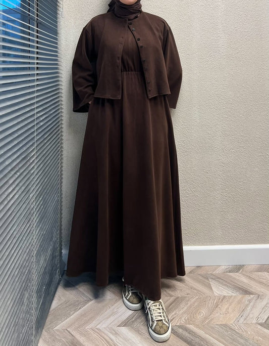 CH 608 - 2 Pcs Winter Outfit Long Frock With Upper Fleece Jacket - Miswah