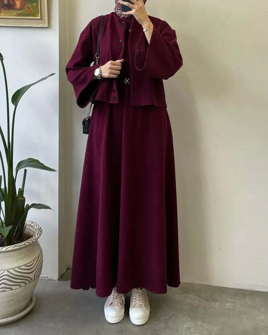 CH 608 - 2 Pcs Winter Outfit Long Frock With Upper Fleece Jacket - Miswah