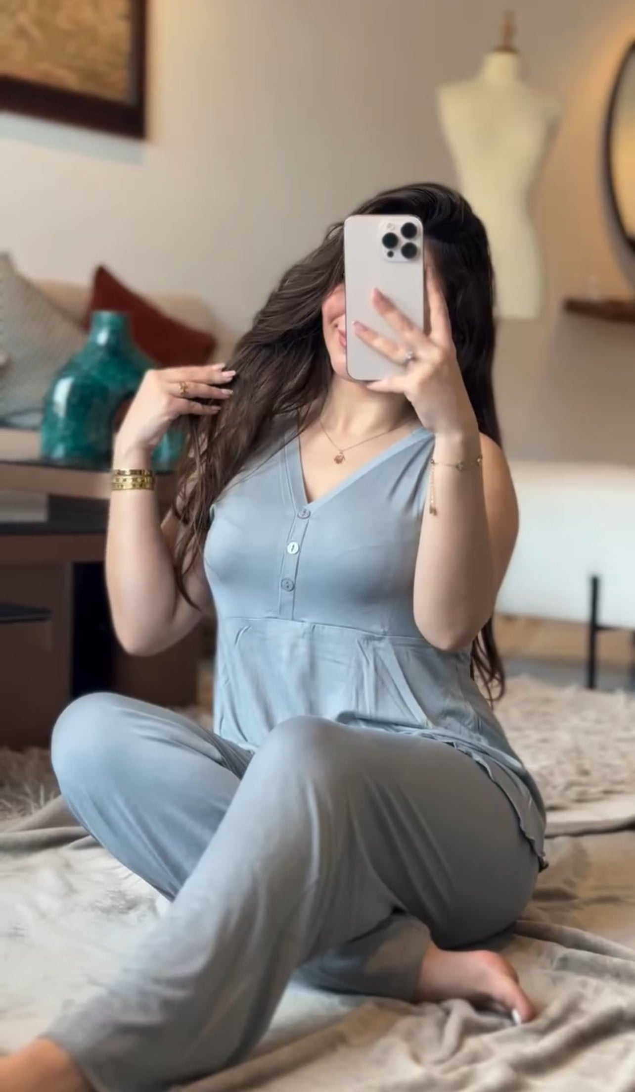 CH-557 2 Pcs Button Casual Top With Straight Trouser