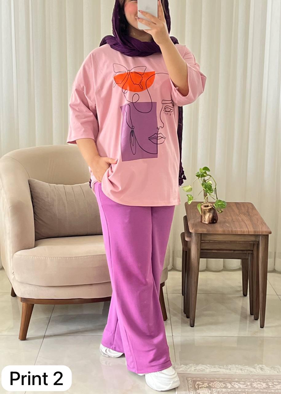 CH # 531 Miswah Artistic Printed Drop-Shoulder Tee Trousers