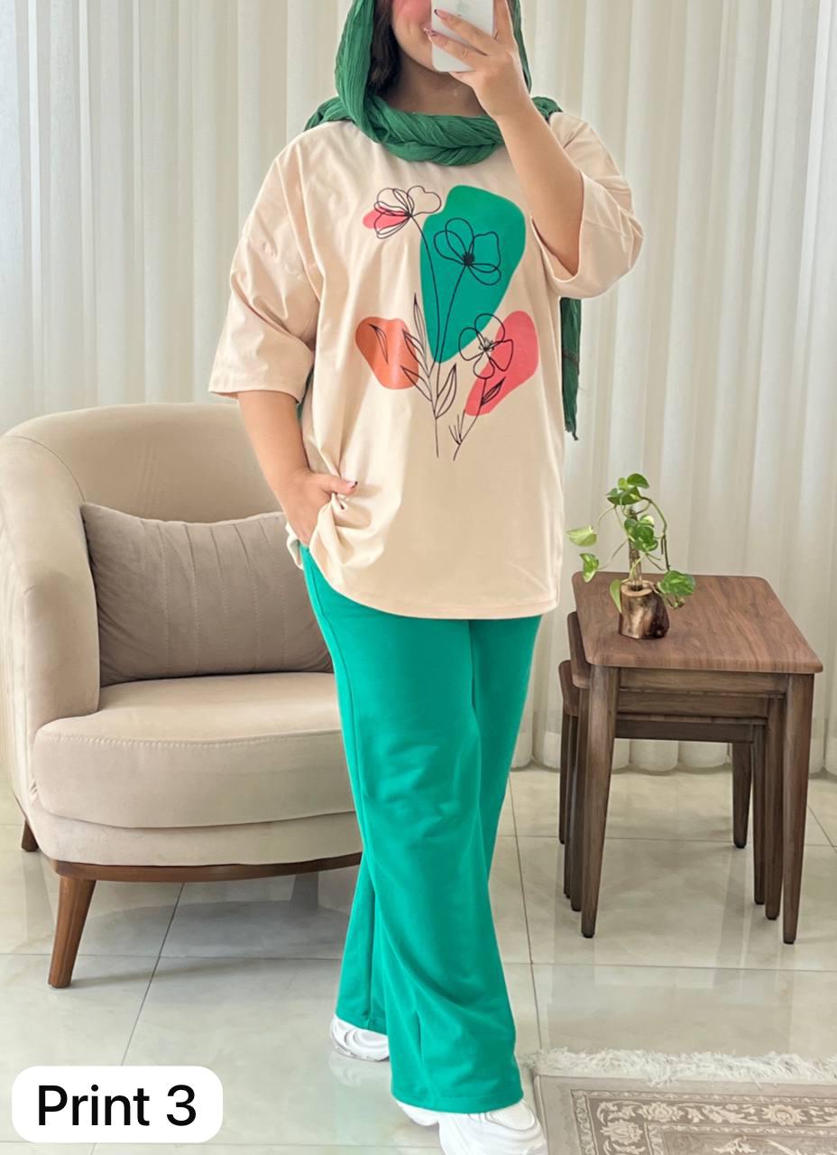 CH # 531 Miswah Artistic Printed Drop-Shoulder Tee Trousers