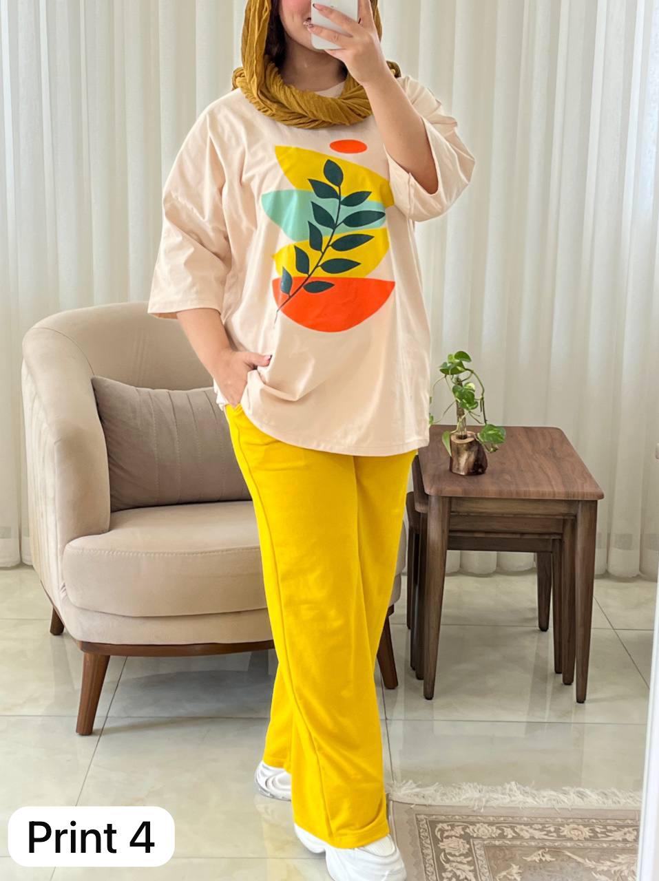 CH # 531 Miswah Artistic Printed Drop-Shoulder Tee Trousers
