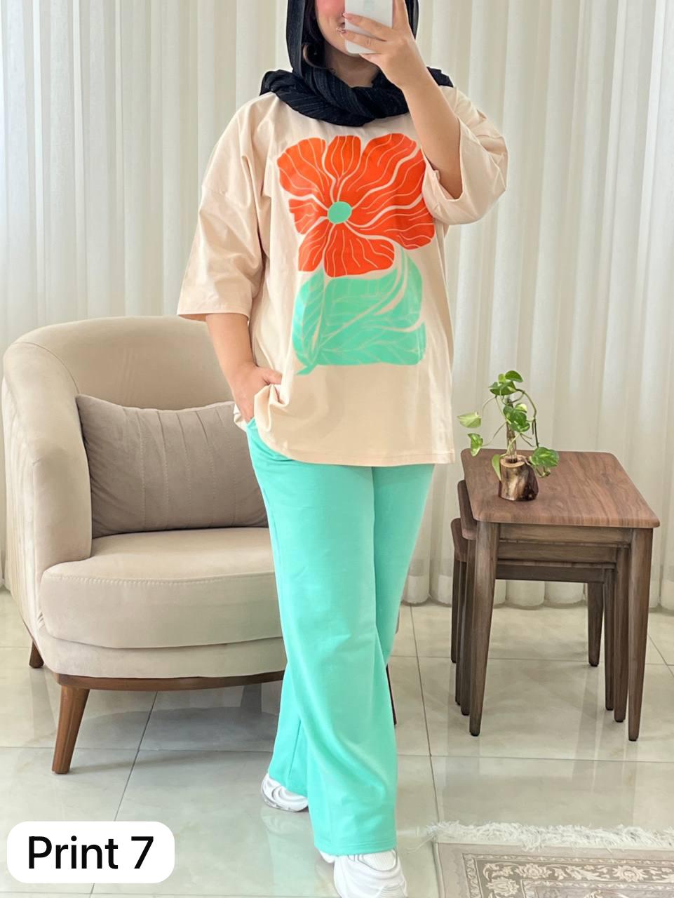 CH # 531 Miswah Artistic Printed Drop-Shoulder Tee Trousers