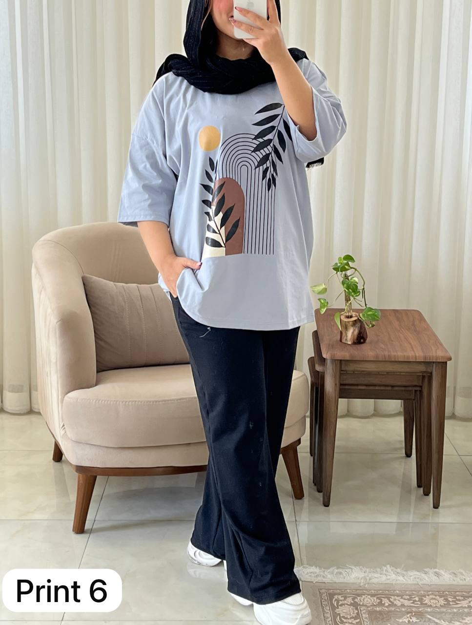 CH # 531 Miswah Artistic Printed Drop-Shoulder Tee Trousers