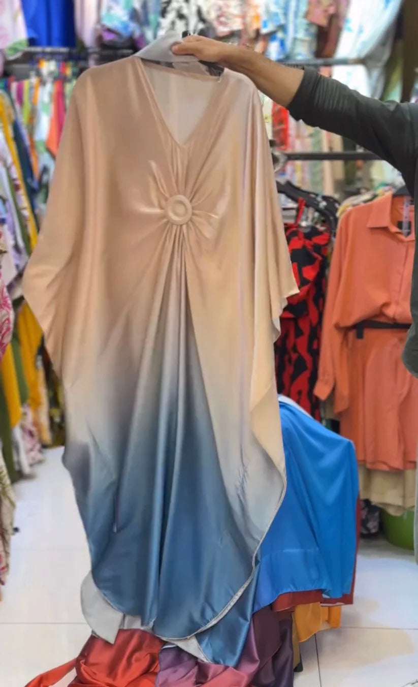 CH 537 V Neck Double Tone Style Silk Kaftaan Dress