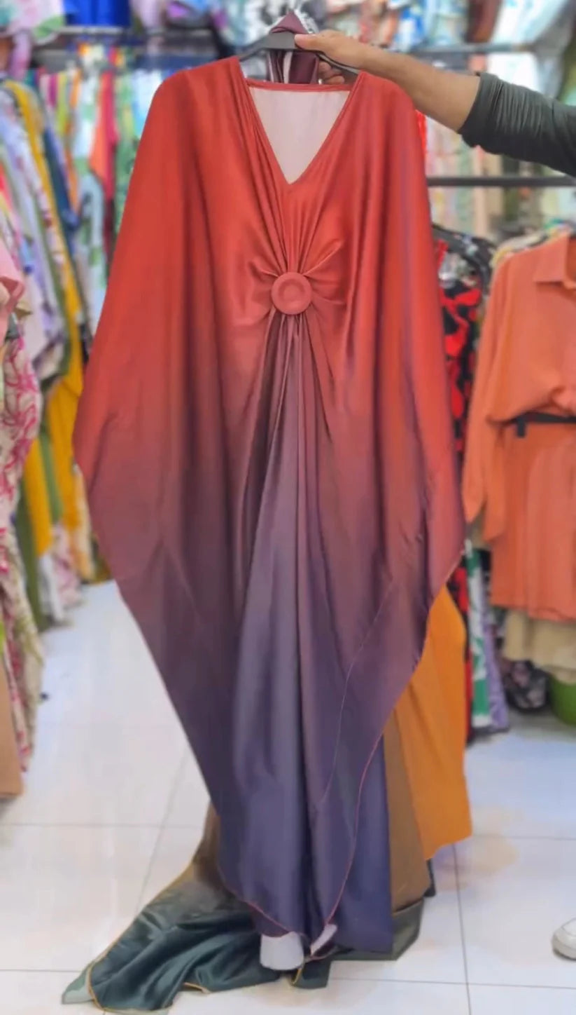 CH 537 V Neck Double Tone Style Silk Kaftaan Dress