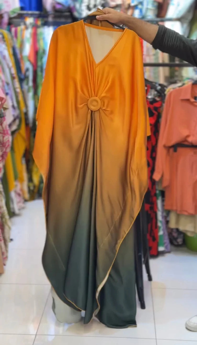 CH 537 V Neck Double Tone Style Silk Kaftaan Dress