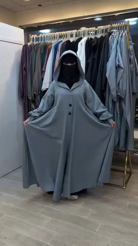 Ch 611 -Button-Front Long Frill Hoodie Winter Fleece Maxi Style with Wide Flare - Miswah