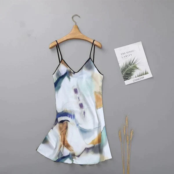 chk # P64 Miswah  long silk intimate casual Rock printed women sleepwear top