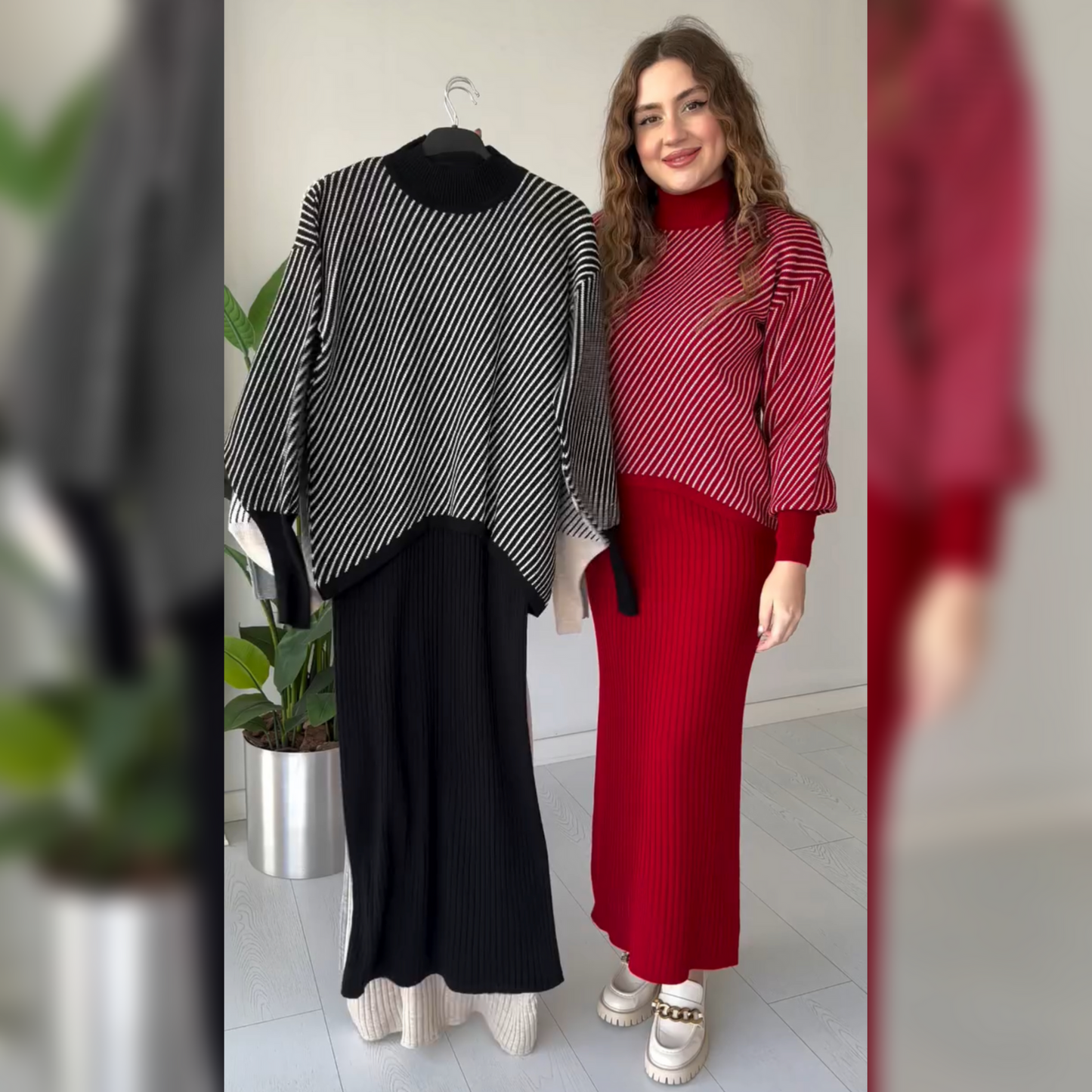 CH 497 Miswah Stripes Printed Stretchable Ribbed Fleece Dress