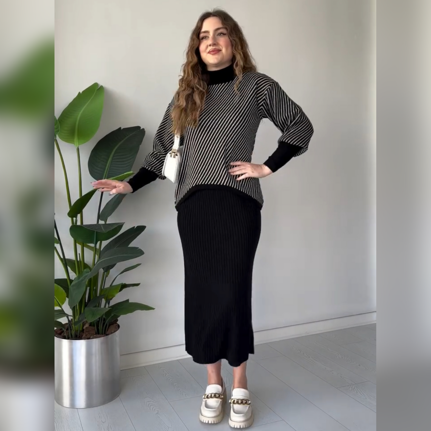 CH 497 Miswah Stripes Printed Stretchable Ribbed Fleece Dress