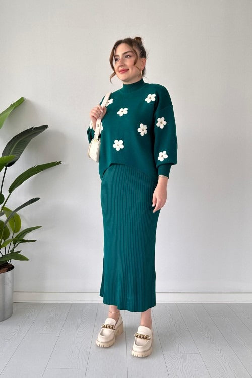 CH 483 Miswah Flowers Printed Stretchable Ribbed Fleece Dress