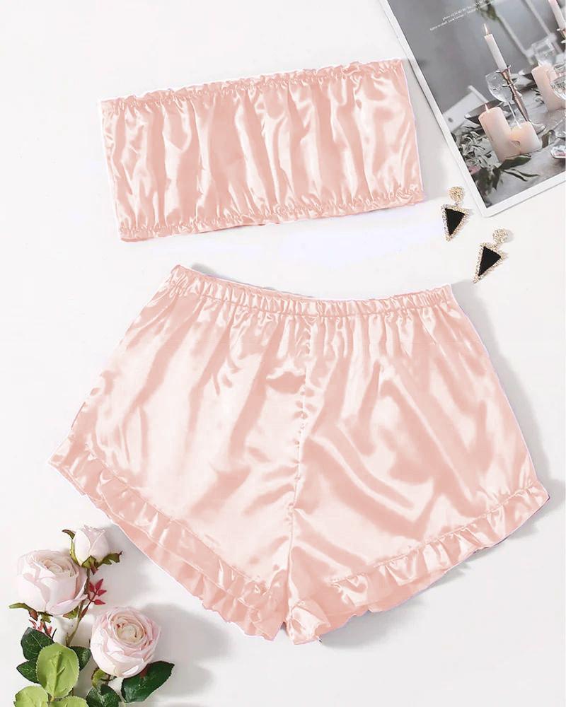 MISWAHS SATIN FRILL TRIM TUBE TOP & SHORTS PJ SET MS # P48