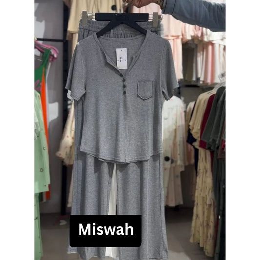 CH-538 2 Pcs Button Casual Top With Straight Trouser