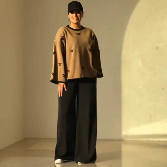 CH 584 - Warm & Cozy 2 Piece Outfit Winter Fleece Co-ord Set with Heart Prints for Women - Miswah