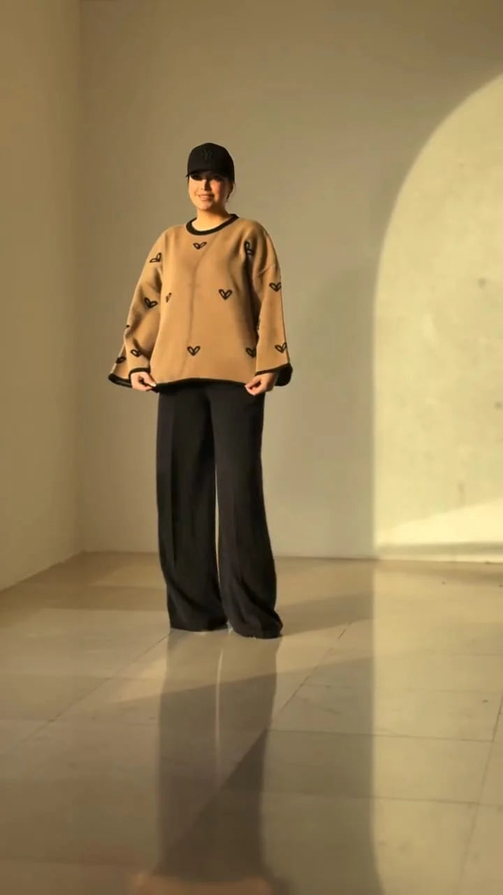 CH 584 - Warm & Cozy 2 Piece Outfit Winter Fleece Co-ord Set with Heart Prints for Women - Miswah