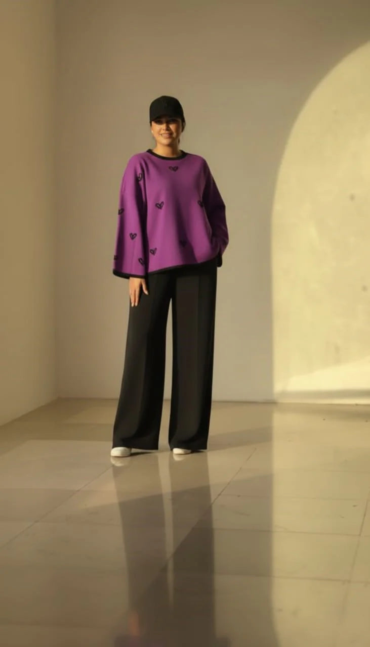 CH 584 - Warm & Cozy 2 Piece Outfit Winter Fleece Co-ord Set with Heart Prints for Women - Miswah