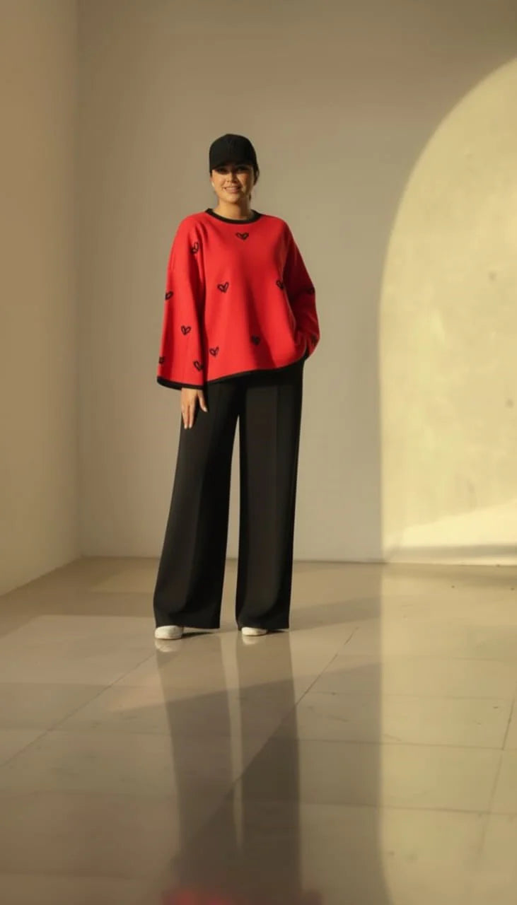 CH 584 - Warm & Cozy 2 Piece Outfit Winter Fleece Co-ord Set with Heart Prints for Women - Miswah