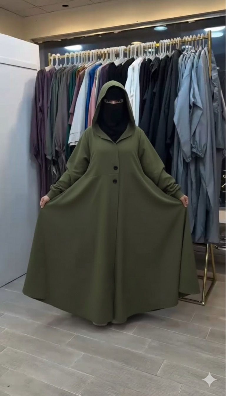 Ch 611 -Button-Front Long Frill Hoodie Winter Fleece Maxi Style with Wide Flare - Miswah