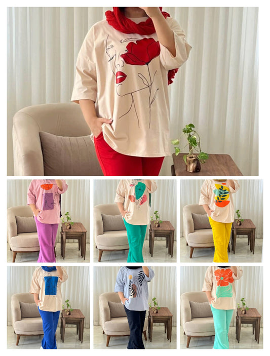 CH # 531 Miswah Artistic Printed Drop-Shoulder Tee Trousers