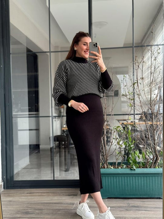 CH 497 Miswah Stripes Printed Stretchable Ribbed Fleece Dress