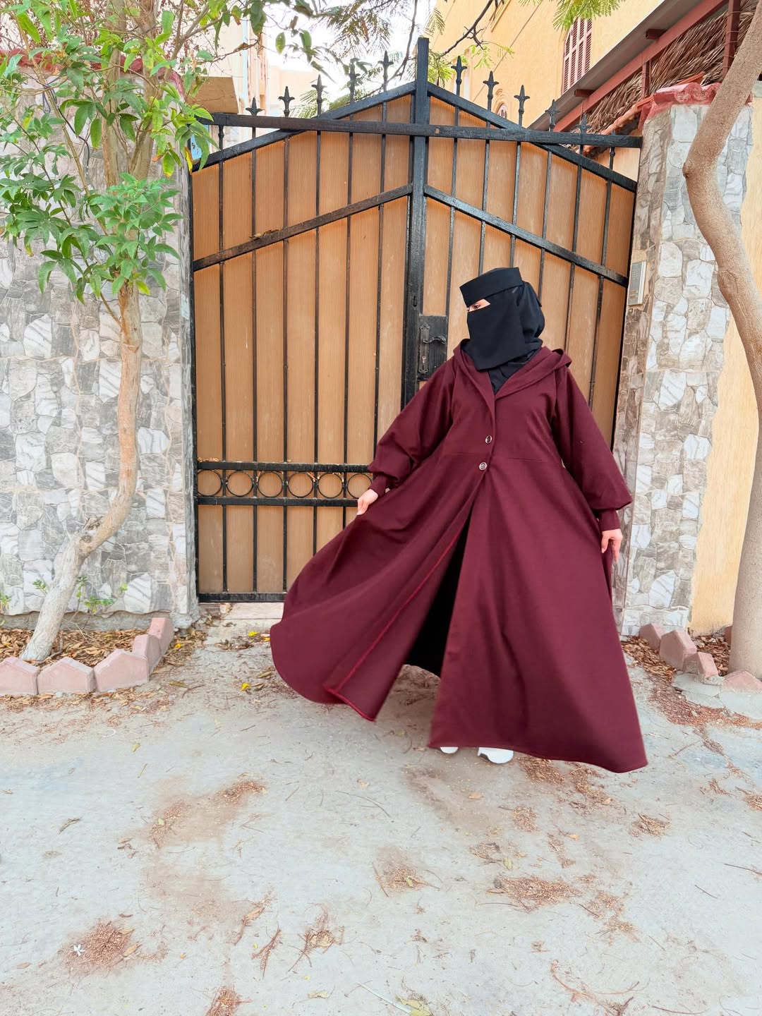 Ch 611 -Button-Front Long Frill Hoodie Winter Fleece Maxi Style with Wide Flare - Miswah