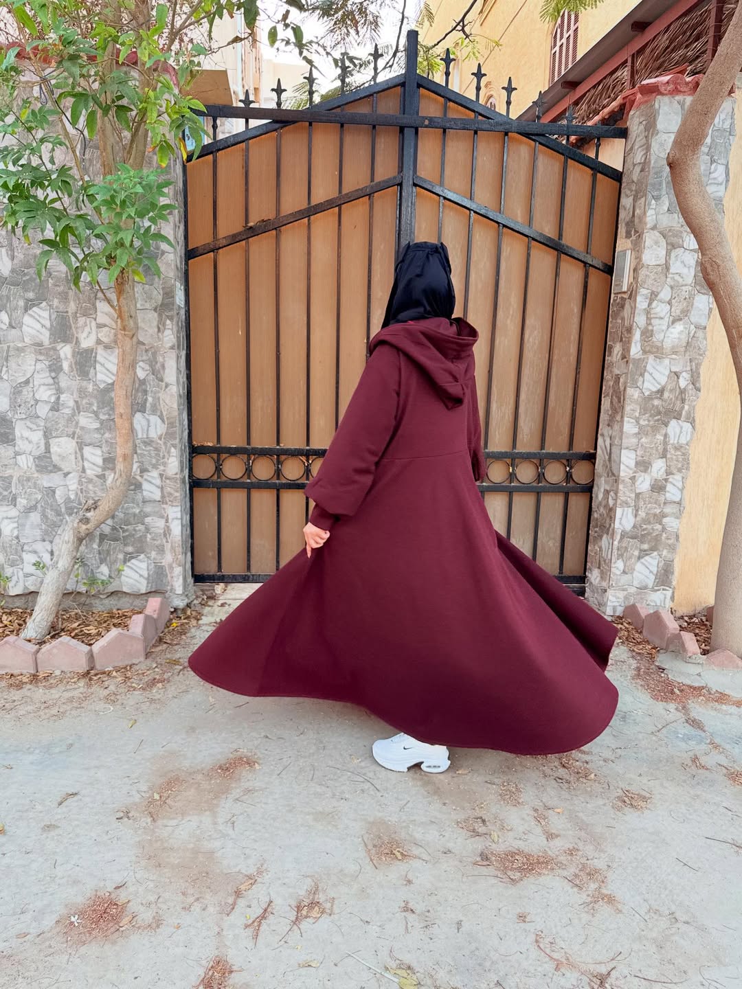 Ch 611 -Button-Front Long Frill Hoodie Winter Fleece Maxi Style with Wide Flare - Miswah