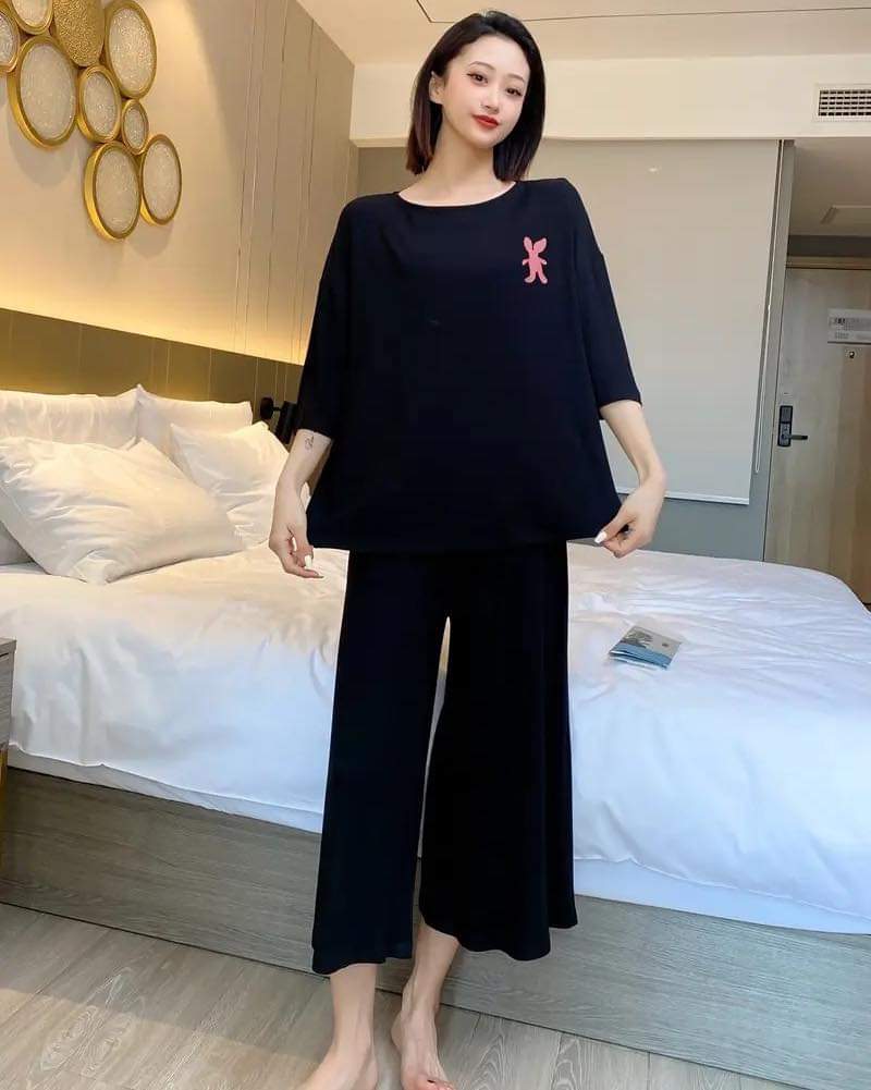 CH # 356 Miswah Women's Airy Comfort Cotton Pajamas - Loose Short Sleeve Tops + Wide Leg Pants | 2-Piece Outfit Set