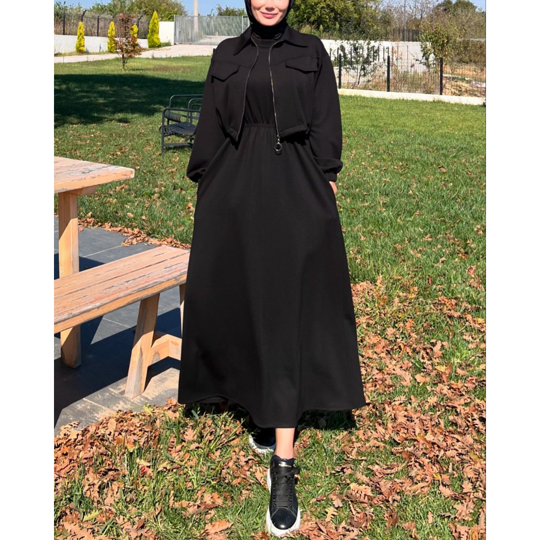 CH 499 Miswah 2 Pcs Winter Outfit Long Frock With Upper Fleece Jacket