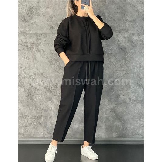 Ch # 381 Miswah Winter Fleece Co-Ords: Stylish Black 2-Piece Set With Cocoon Pants And Sweatshirt