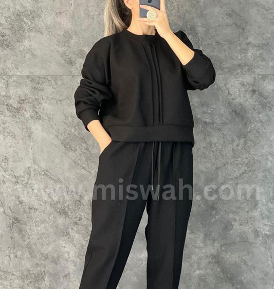 Ch # 381 Miswah Winter Fleece Co-Ords: Stylish Black 2-Piece Set With Cocoon Pants And Sweatshirt