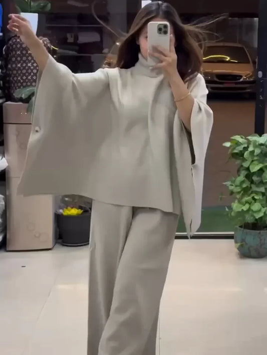 Ch 528 Poncho flare top with trouser winter fleece co-ord set - Miswah