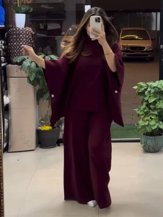 Ch 528 Poncho flare top with trouser winter fleece co-ord set - Miswah