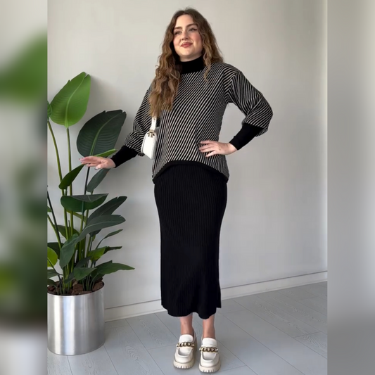 CH 497 Miswah Stripes Printed Stretchable Ribbed Fleece Dress