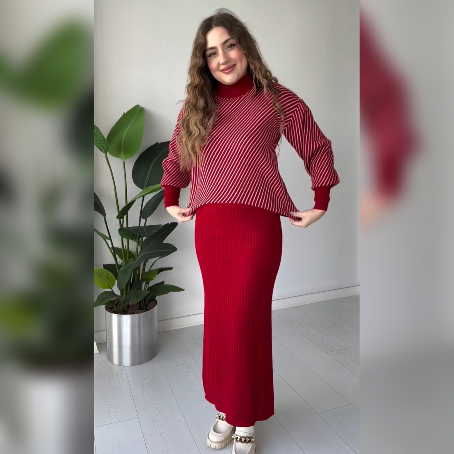 CH 497 Miswah Stripes Printed Stretchable Ribbed Fleece Dress