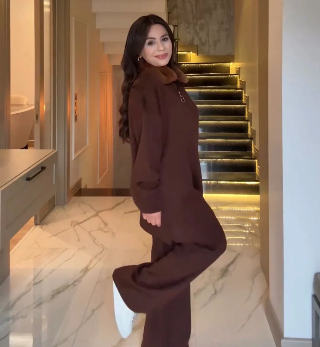 CH 590 - Fur Collar Fleece Co-Ord Set - Miswah