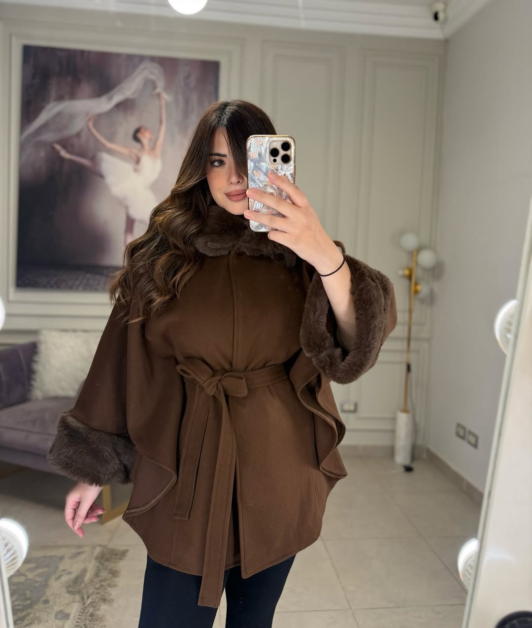 CH 623 - Women’s Elegant Fur Cuff Belted Cape Coat – Winter Fleece | Miswah