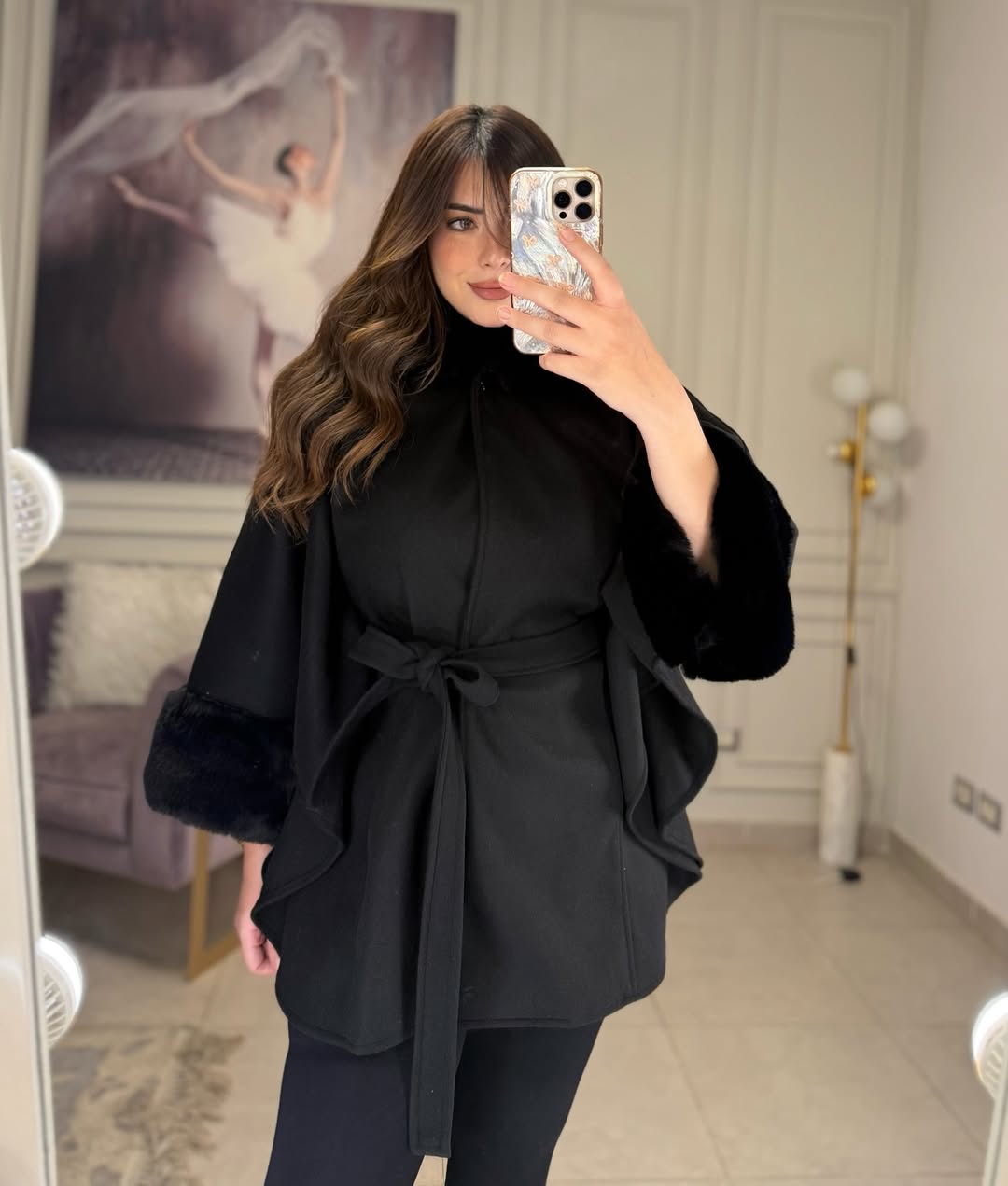 CH 623 - Women’s Elegant Fur Cuff Belted Cape Coat – Winter Fleece | Miswah