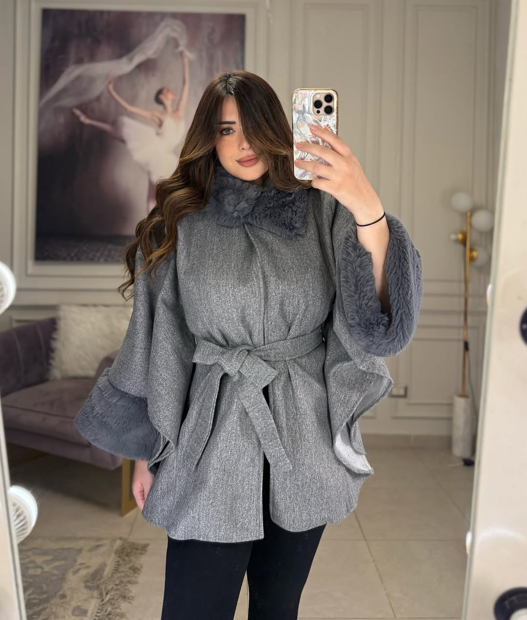 CH 623 - Women’s Elegant Fur Cuff Belted Cape Coat – Winter Fleece | Miswah