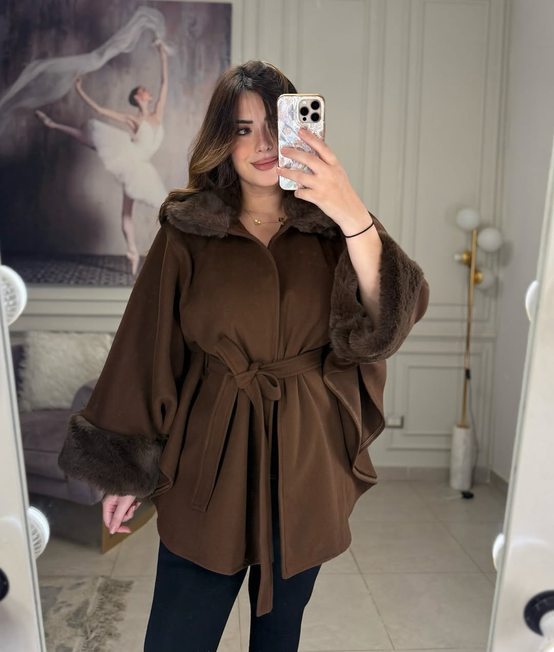 CH 623 - Women’s Elegant Fur Cuff Belted Cape Coat – Winter Fleece | Miswah