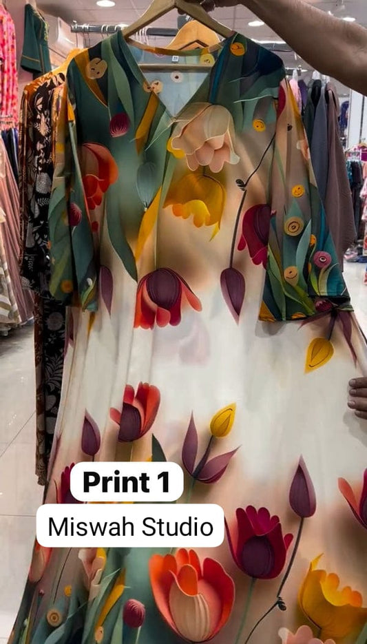 CH 573 Tulip Bloom Printed Kaftan – Soft Crepe Long Dress | Miswah