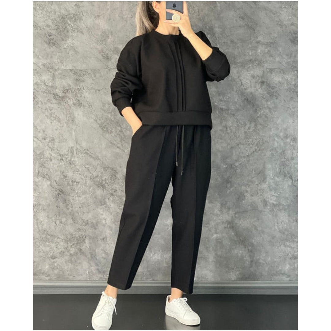 Ch # 381 Miswah Winter Fleece Co-Ords: Stylish Black 2-Piece Set With Cocoon Pants And Sweatshirt