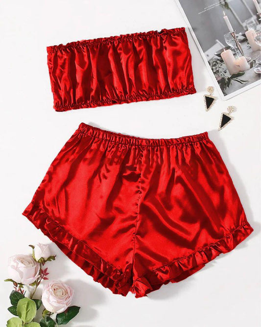 MISWAHS SATIN FRILL TRIM TUBE TOP & SHORTS PJ SET MS # P48