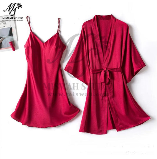 Silk Robe With Long Sleeveless Top 2 Pcs Nightwear P-42