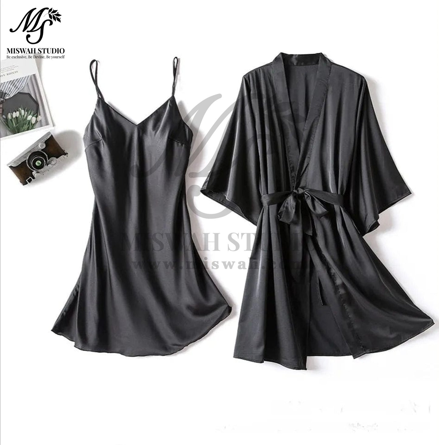 Silk Robe With Long Sleeveless Top 2 Pcs Nightwear P-42