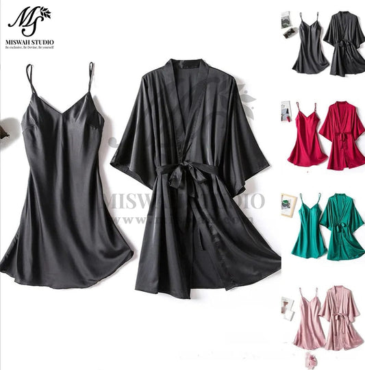 Silk Robe With Long Sleeveless Top 2 Pcs Nightwear P-42