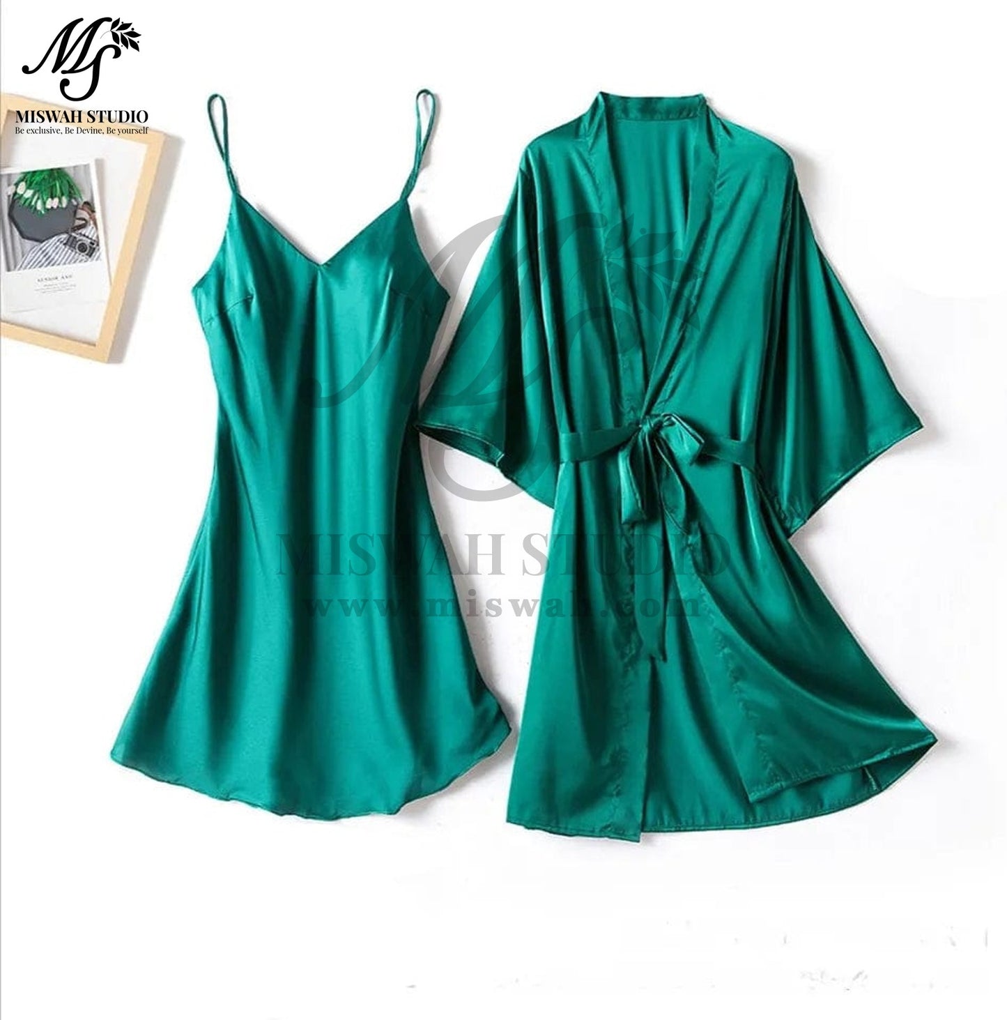 Silk Robe With Long Sleeveless Top 2 Pcs Nightwear P-42